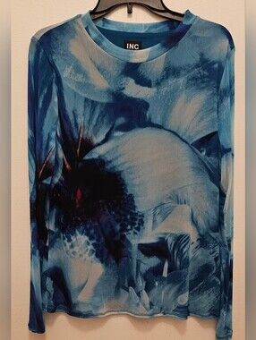 INC International Concepts Blue Abstract Long Sleeve Top